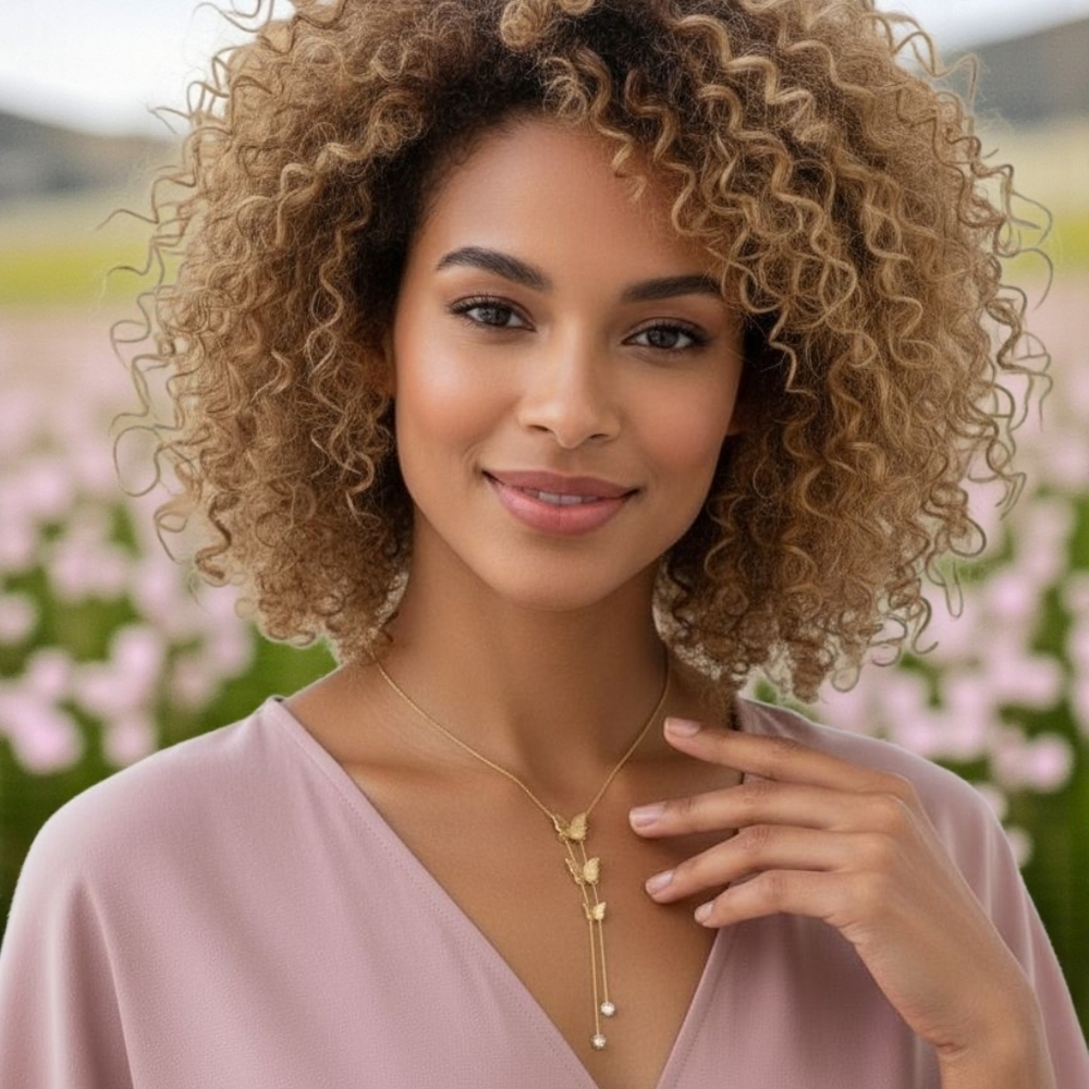 18k Gold Plated Lariat Necklace Earrings Set Stainless Steel Butterfly Y-Drop - Picture 8 of 11